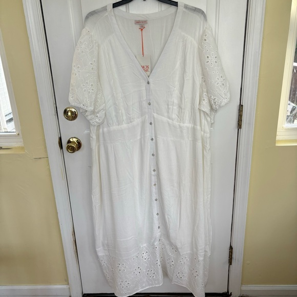 Knox Rose White Midi Dress 4X Button Up V-Neck Eyelet Pockets Short Sleeve NWT - Picture 3 of 12